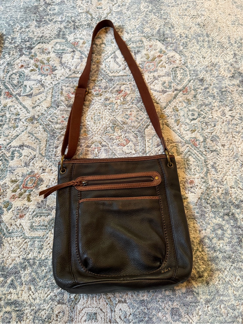 The Sak Laurel Black Leather Crossbody Bag Brown Trim Multi Pocket Purse